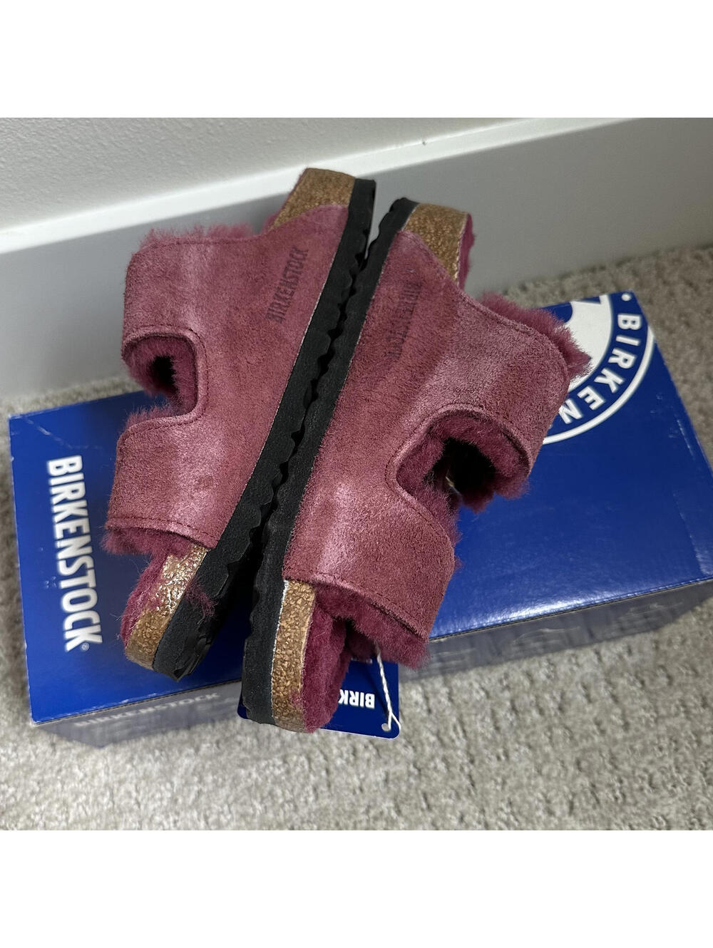 Birkenstock Arizona Shearling Suede Slide Sandal Maroon Red NIB Size 5-5.5/36EU - Picture 5 of 6